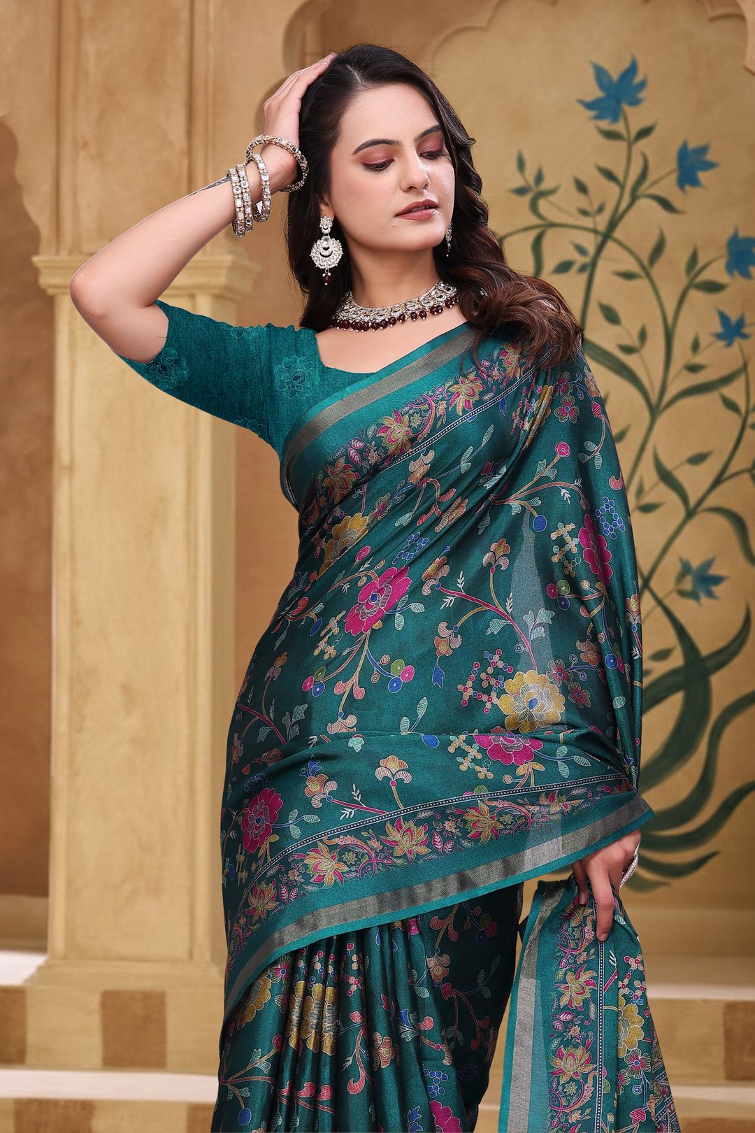Teal Floral Printed Mul Cotton Saree with Designer Pallu