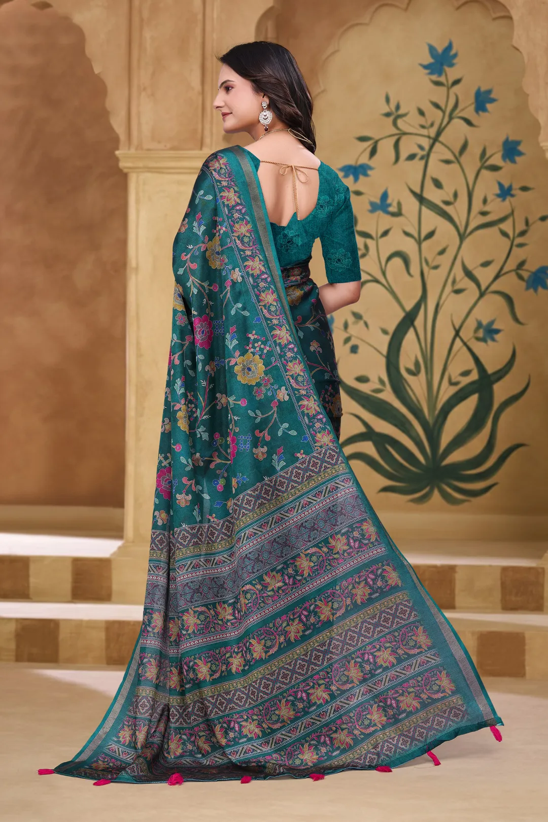Teal Floral Printed Mul Cotton Saree with Designer Pallu