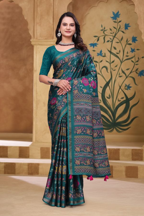 Teal Floral Printed Mul Cotton Saree with Designer Pallu