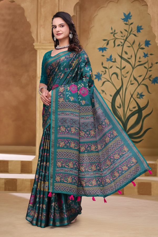 Teal Floral Printed Mul Cotton Saree with Designer Pallu