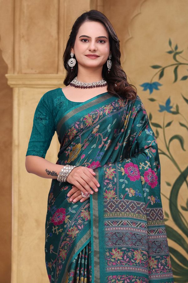 Teal Floral Printed Mul Cotton Saree with Designer Pallu