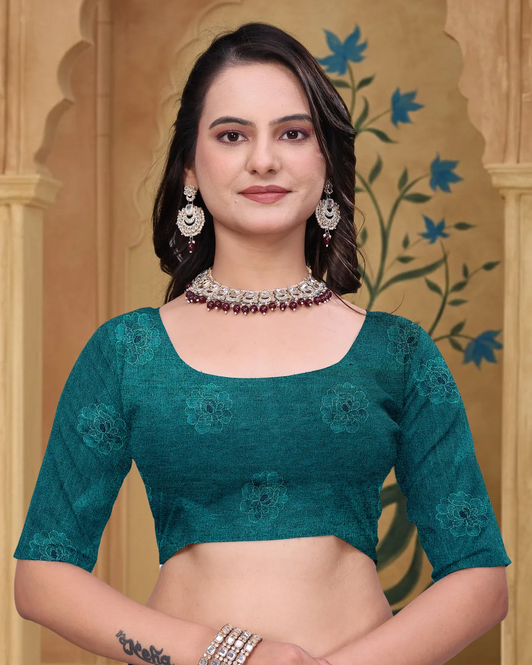 Teal Floral Printed Mul Cotton Saree with Designer Pallu