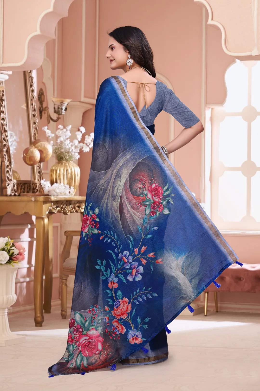 Royal Blue Floral Print Mal Cotton Saree for Party Wear