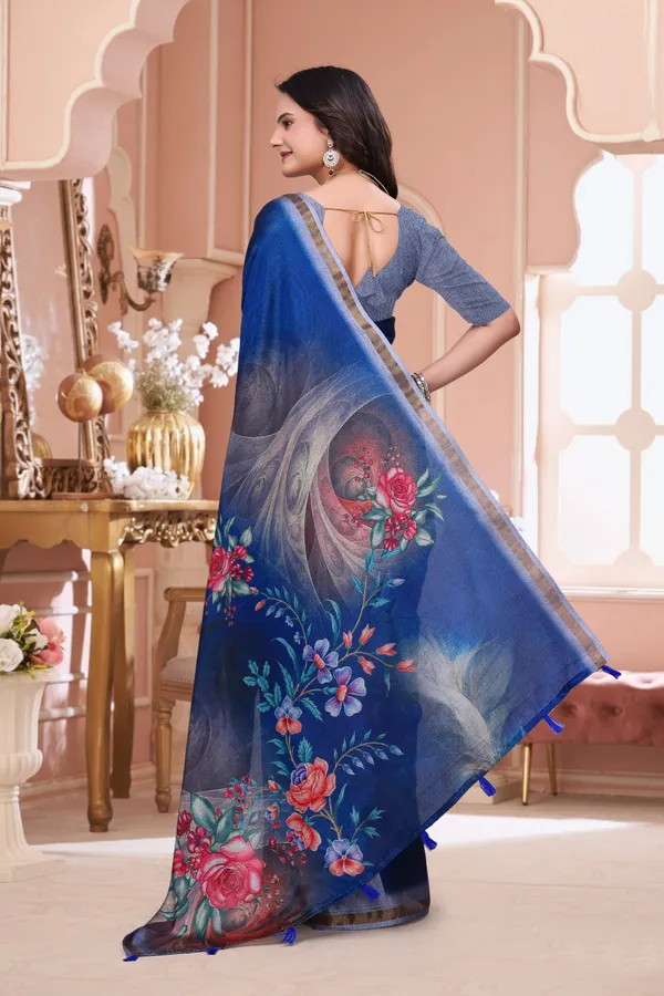 Royal Blue Floral Print Mal Cotton Saree for Party Wear