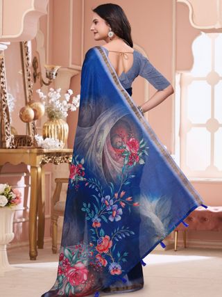 Royal Blue Floral Print Mal Cotton Saree for Party Wear