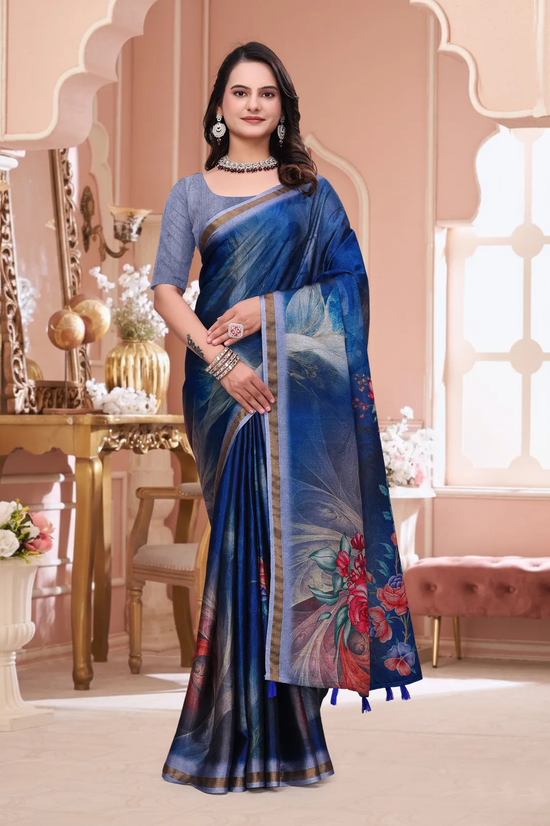 Royal Blue Floral Print Mal Cotton Saree for Party Wear