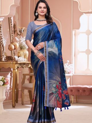 Royal Blue Floral Print Mal Cotton Saree for Party Wear