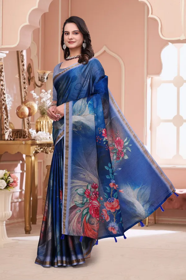 Royal Blue Floral Print Mal Cotton Saree for Party Wear