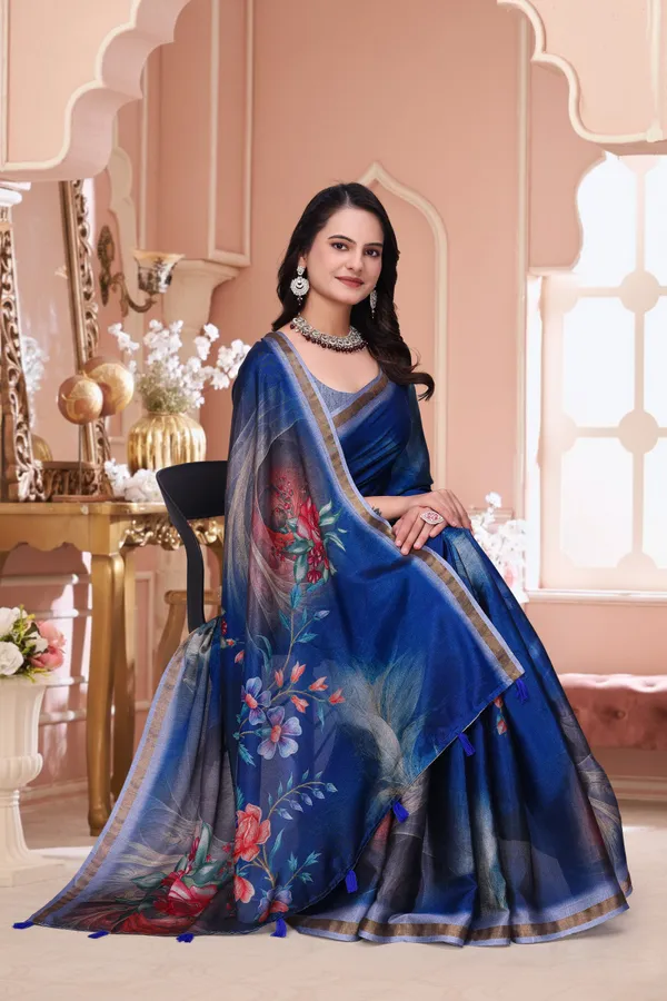 Royal Blue Floral Print Mal Cotton Saree for Party Wear