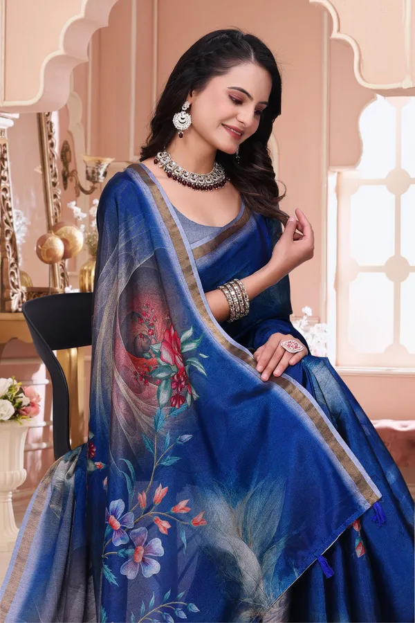 Royal Blue Floral Print Mal Cotton Saree for Party Wear