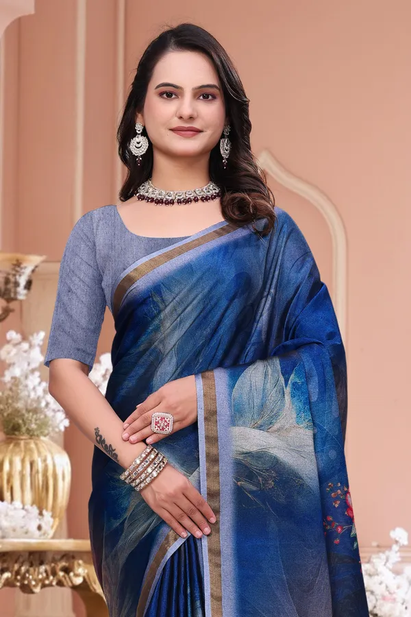 Royal Blue Floral Print Mal Cotton Saree for Party Wear