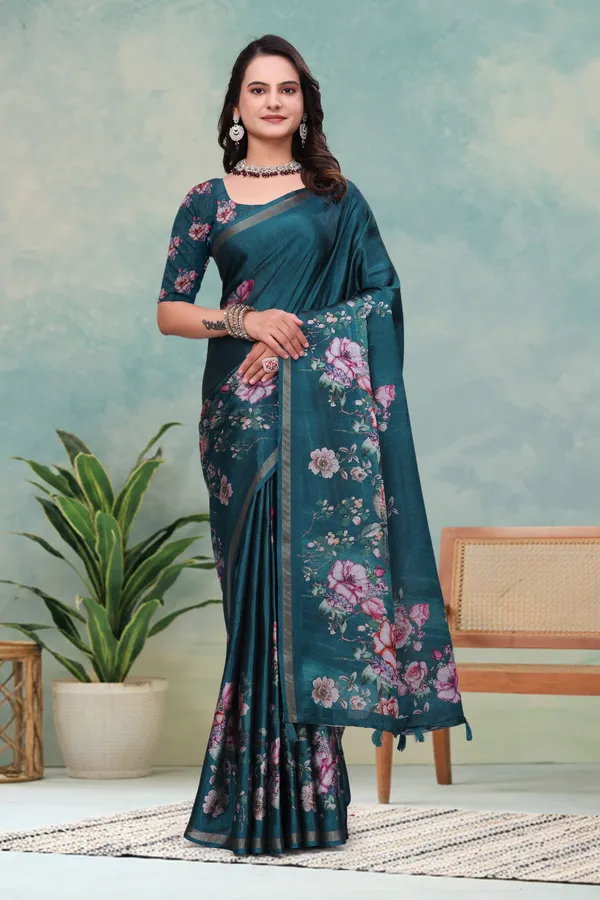 Teal Floral Mal Cotton Saree with Printed Pallu and Borders