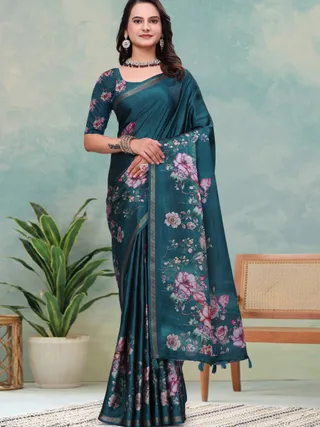 Teal Floral Mal Cotton Saree with Printed Pallu and Borders