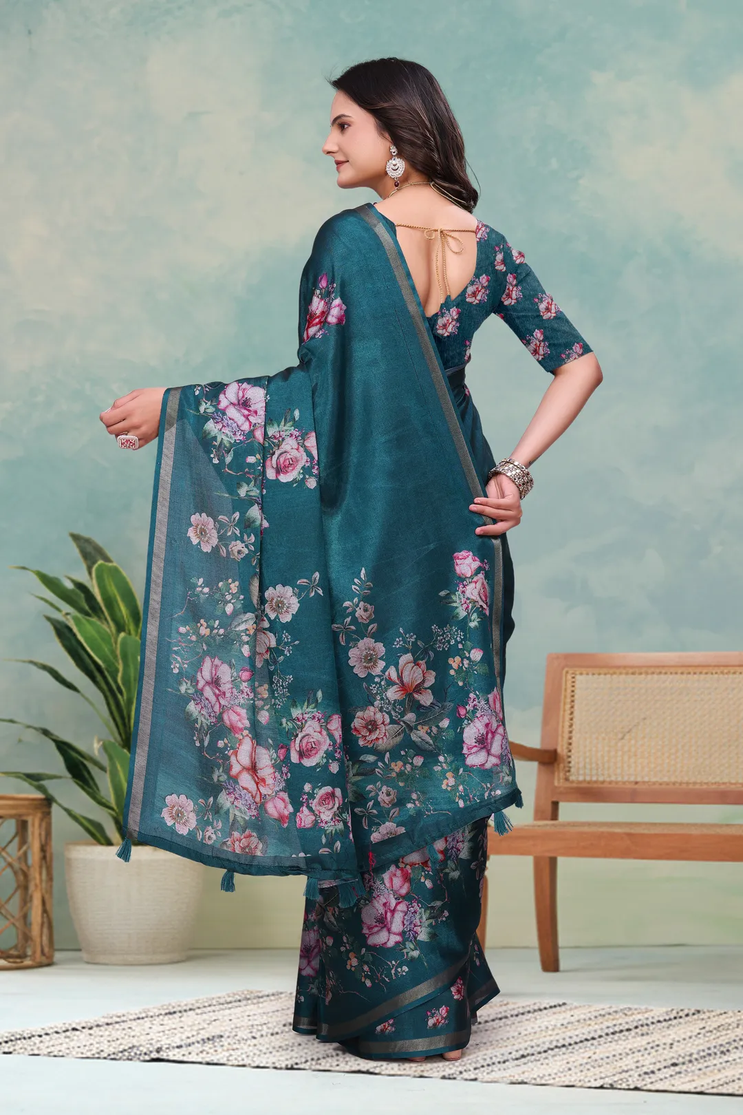 Teal Floral Mal Cotton Saree with Printed Pallu and Borders