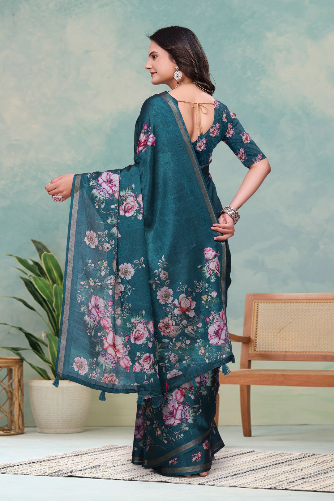 Teal Floral Mal Cotton Saree with Printed Pallu and Borders