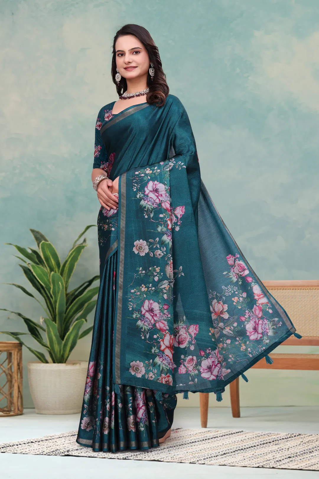 Teal Floral Mal Cotton Saree with Printed Pallu and Borders