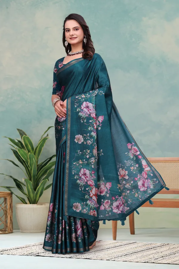 Teal Floral Mal Cotton Saree with Printed Pallu and Borders