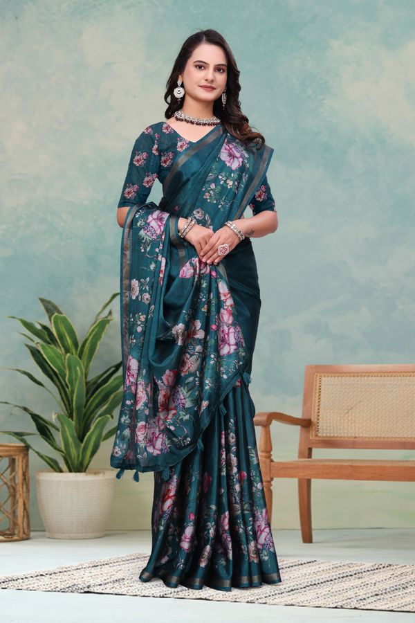 Teal Floral Mal Cotton Saree with Printed Pallu and Borders