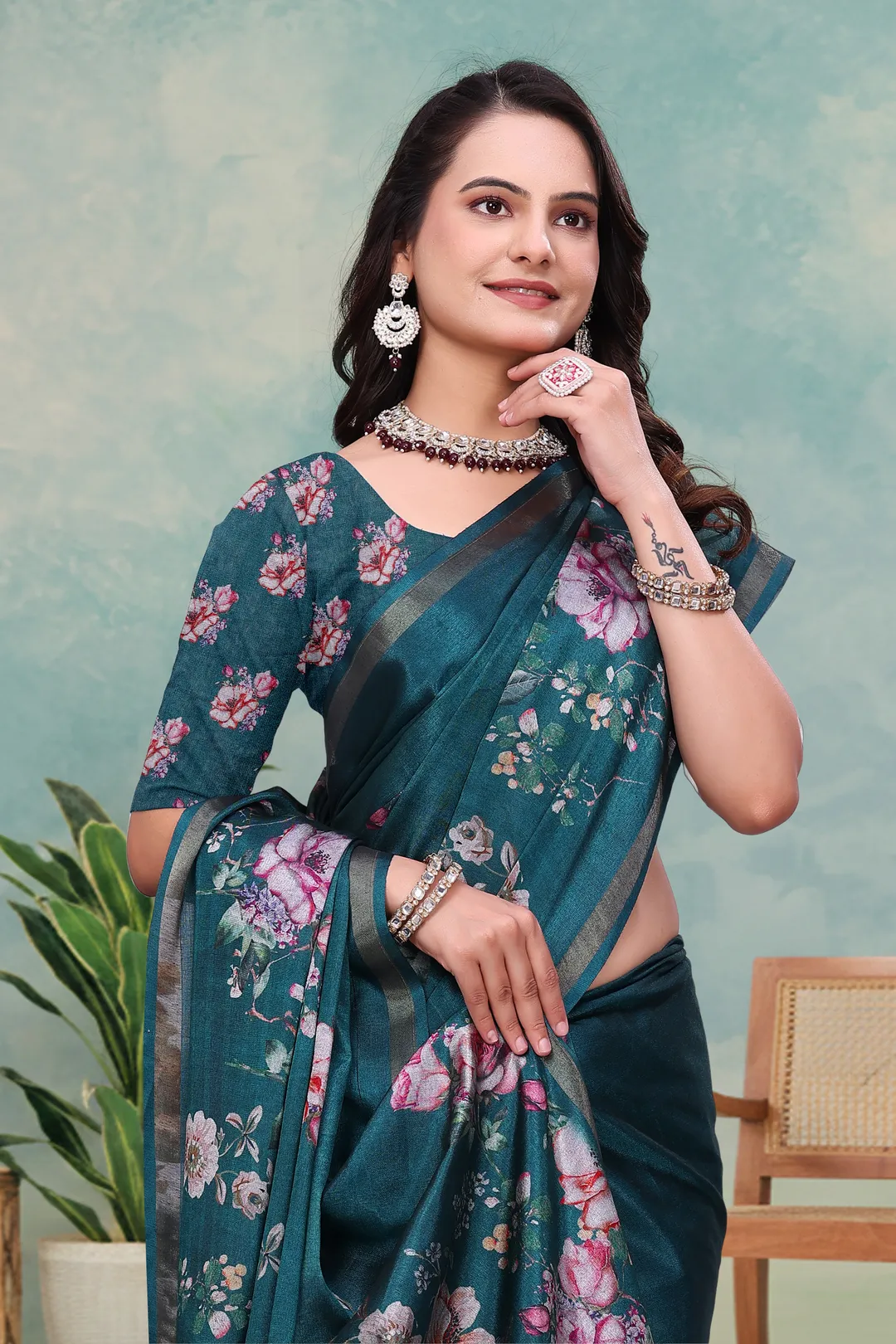 Teal Floral Mal Cotton Saree with Printed Pallu and Borders