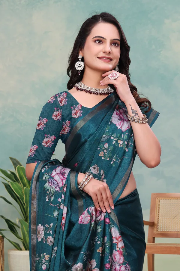 Teal Floral Mal Cotton Saree with Printed Pallu and Borders