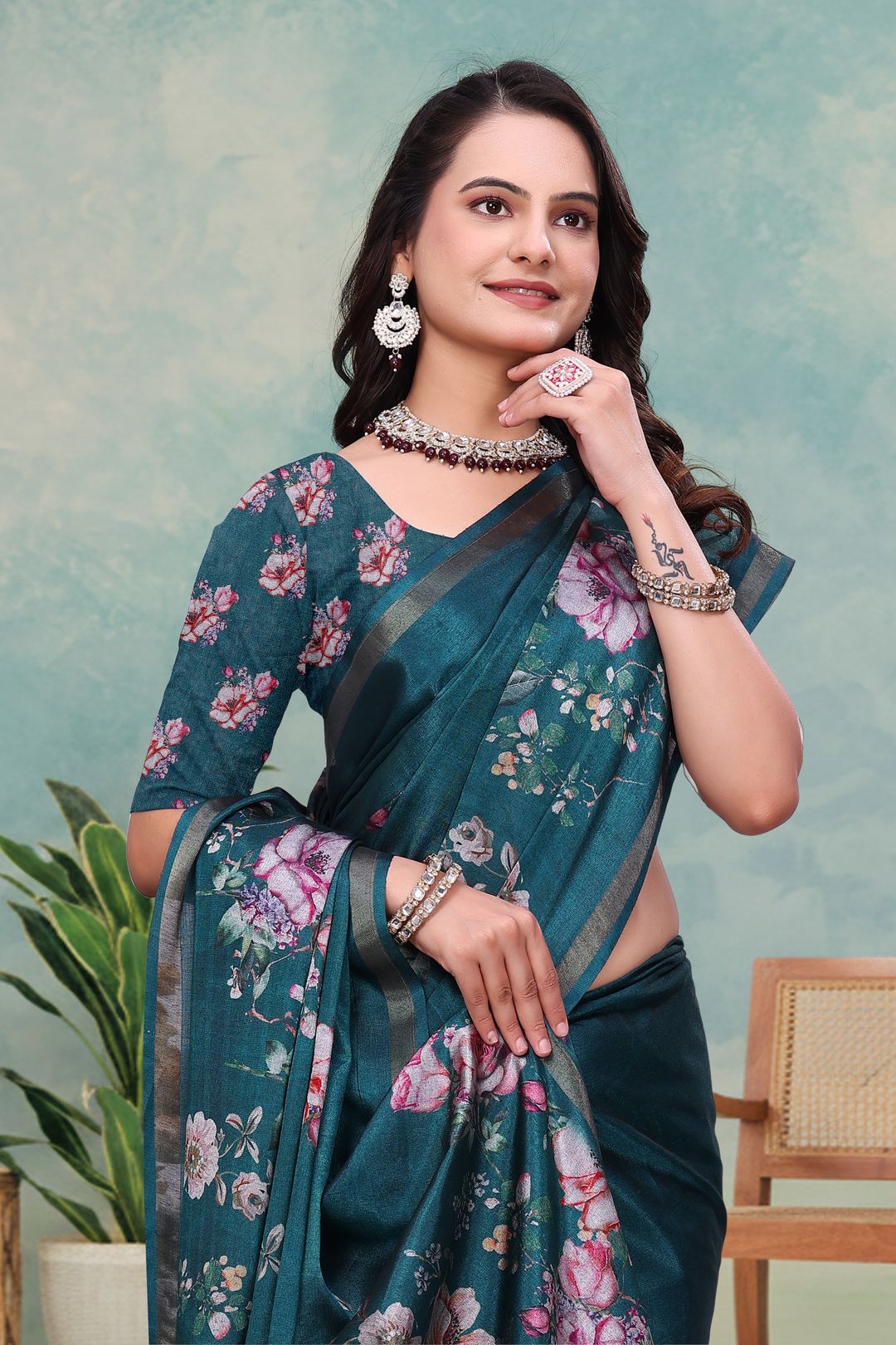 Teal Floral Mal Cotton Saree with Printed Pallu and Borders