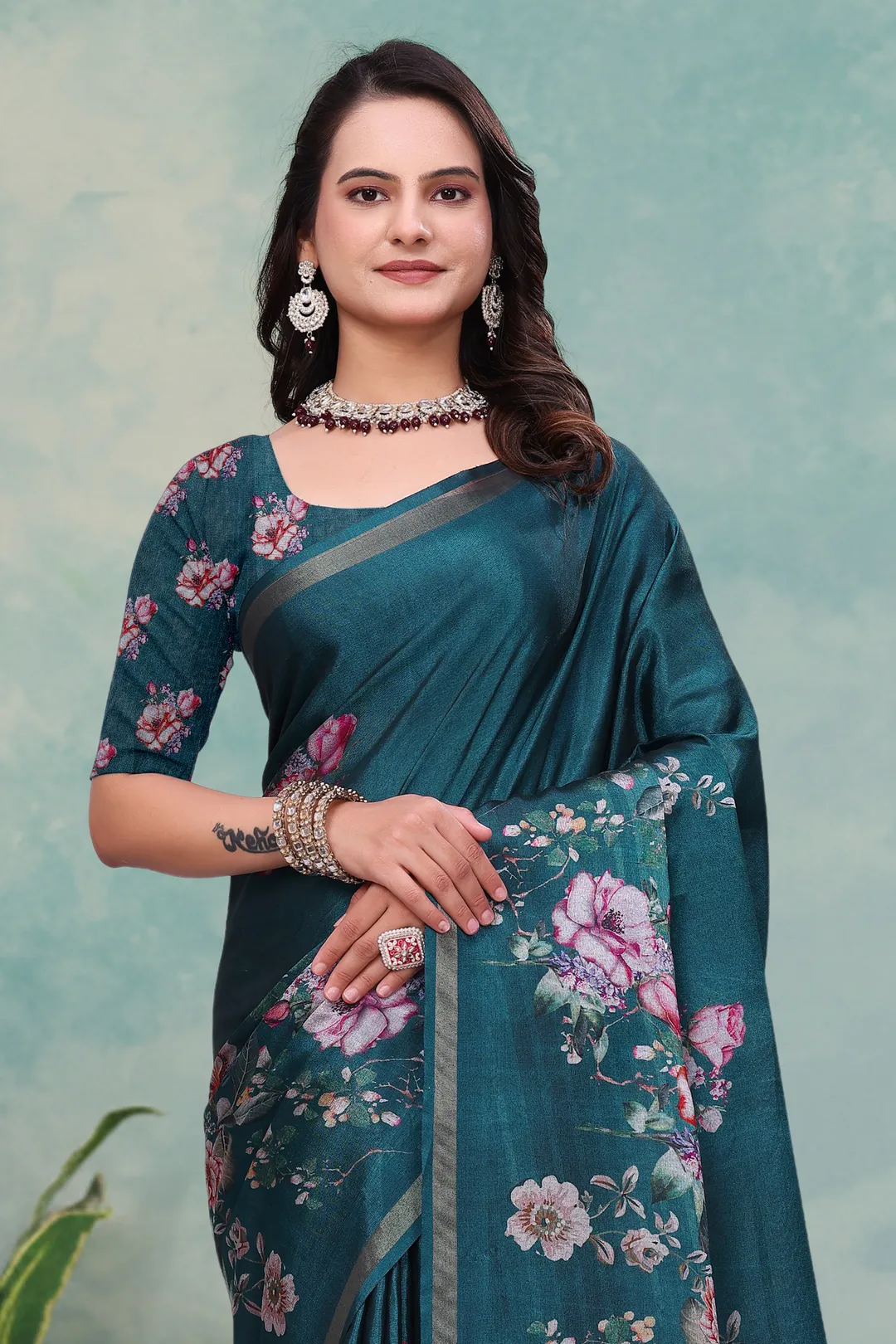 Teal Floral Mal Cotton Saree with Printed Pallu and Borders