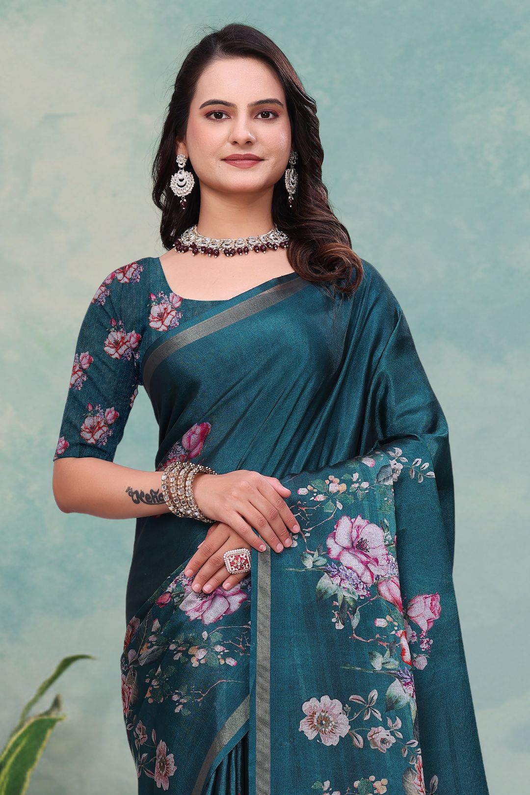 Teal Floral Mal Cotton Saree with Printed Pallu and Borders