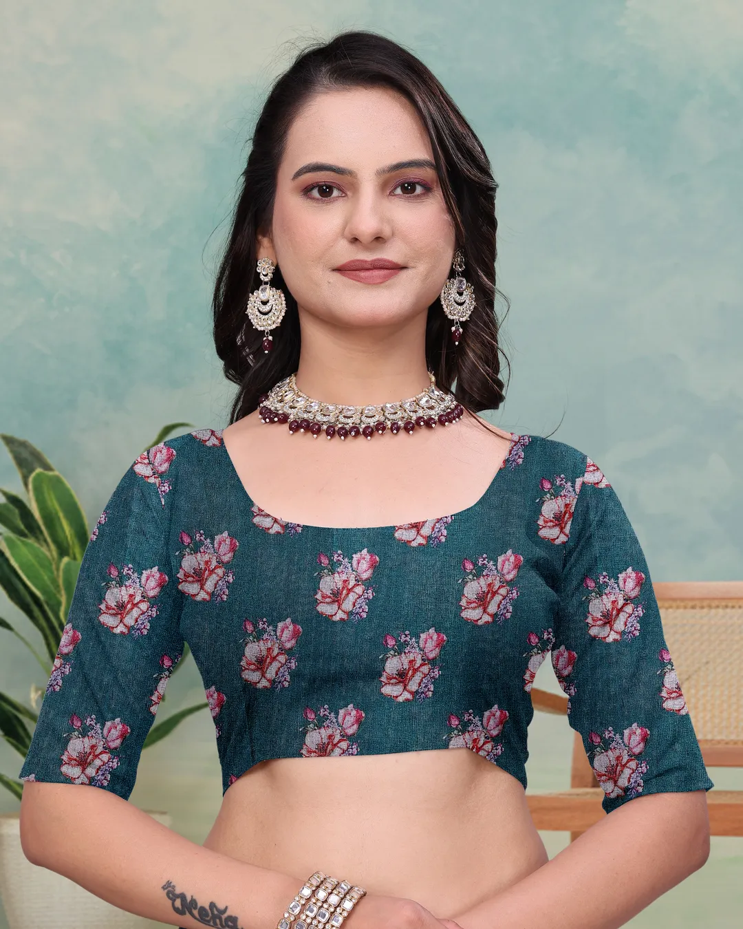 Teal Floral Mal Cotton Saree with Printed Pallu and Borders