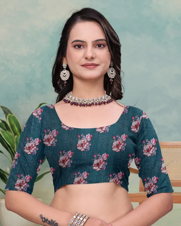 Teal Floral Mal Cotton Saree with Printed Pallu and Borders