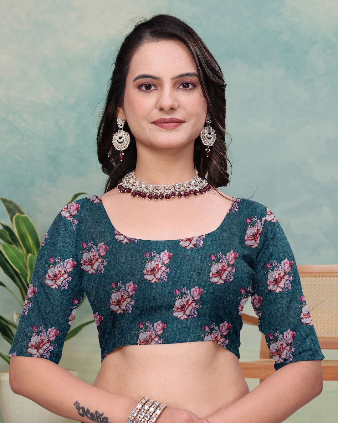 Teal Floral Mal Cotton Saree with Printed Pallu and Borders