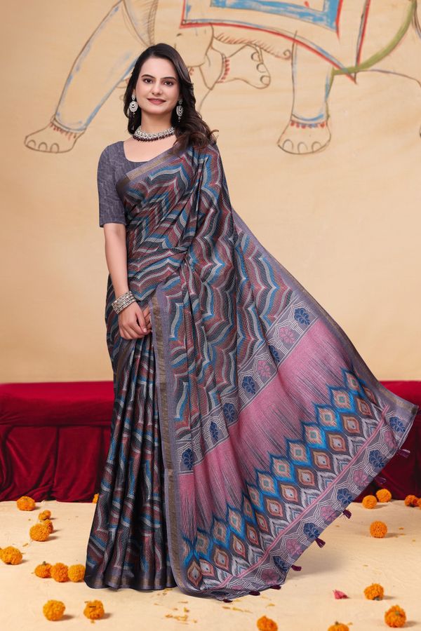 Multicolor Wave Print Mal Cotton Saree with Designer Pallu