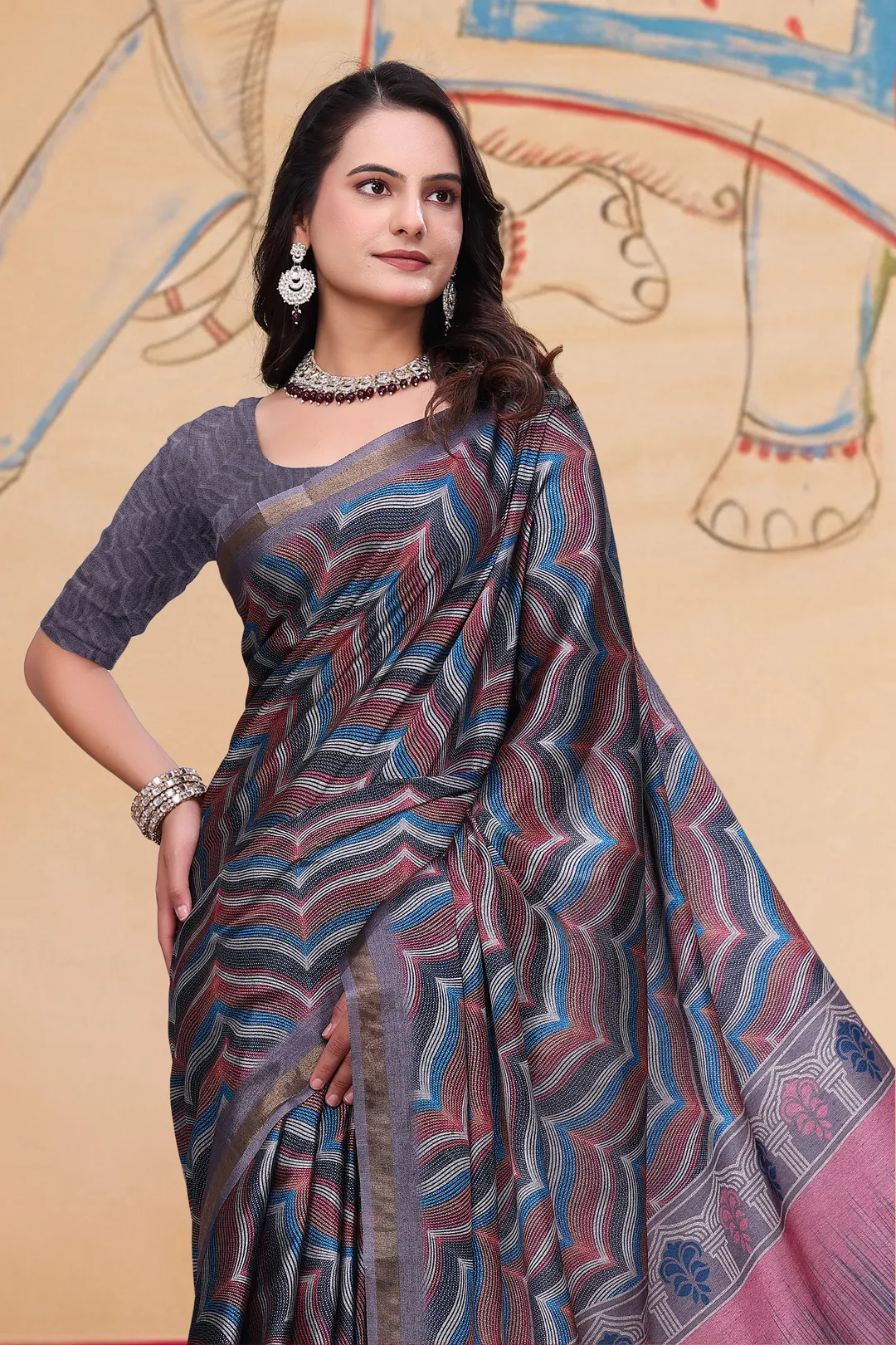 Multicolor Wave Print Mal Cotton Saree with Designer Pallu