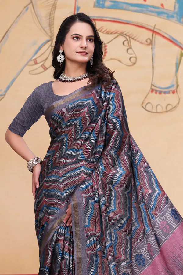 Multicolor Wave Print Mal Cotton Saree with Designer Pallu