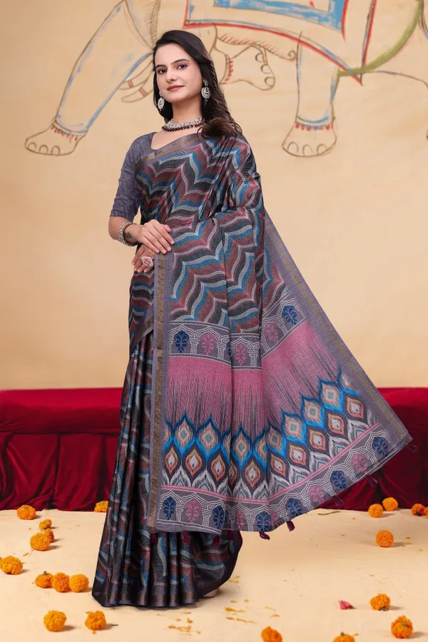 Multicolor Wave Print Mal Cotton Saree with Designer Pallu