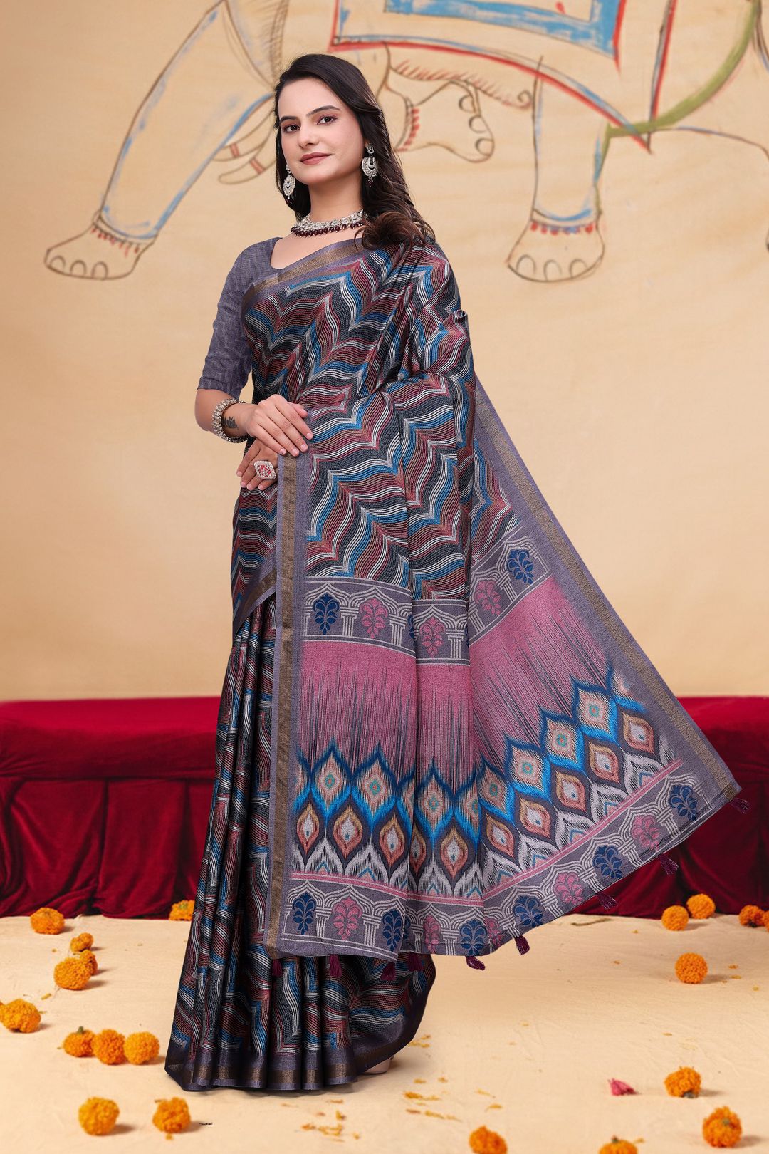 Multicolor Wave Print Mal Cotton Saree with Designer Pallu