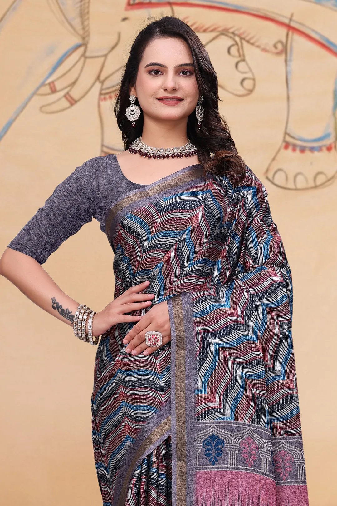 Multicolor Wave Print Mal Cotton Saree with Designer Pallu