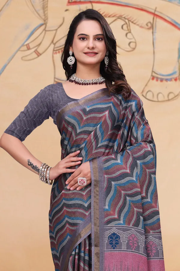 Multicolor Wave Print Mal Cotton Saree with Designer Pallu