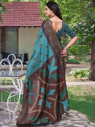 Teal Blue Modal Cotton Floral Woven Saree with Brown Border