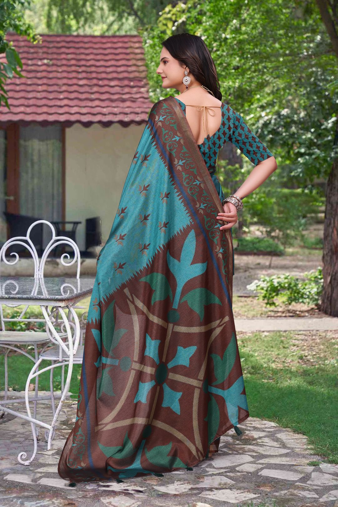 Teal Blue Modal Cotton Floral Woven Saree with Brown Border