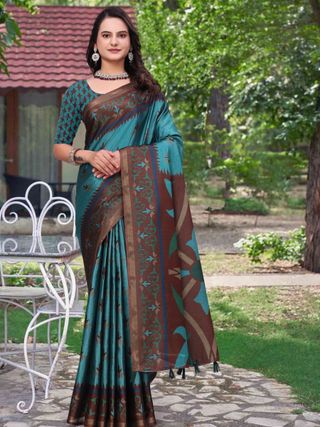 Teal Blue Modal Cotton Floral Woven Saree with Brown Border