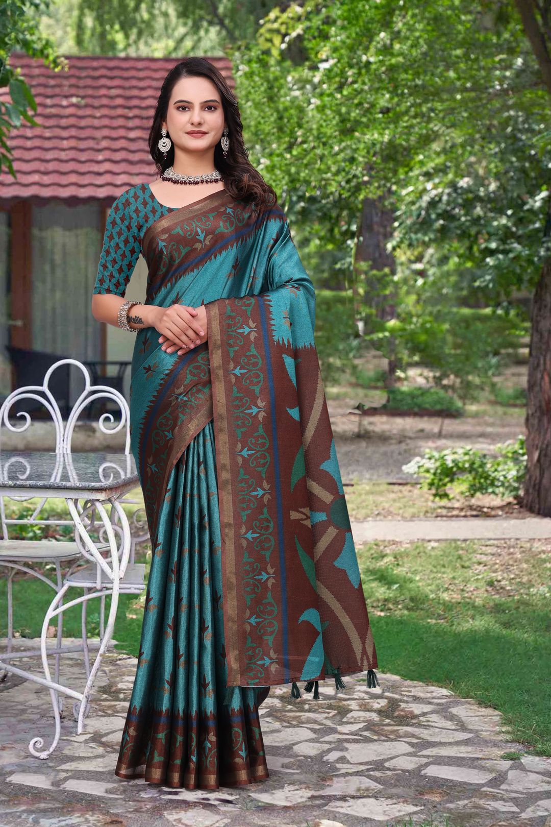 Teal Blue Modal Cotton Floral Woven Saree with Brown Border