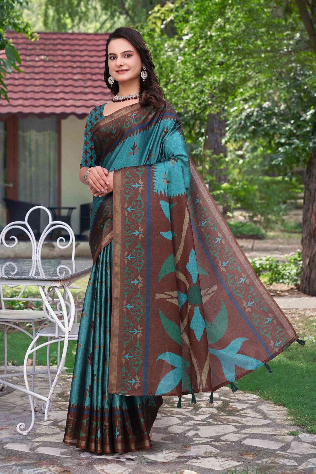 Teal Blue Modal Cotton Floral Woven Saree with Brown Border