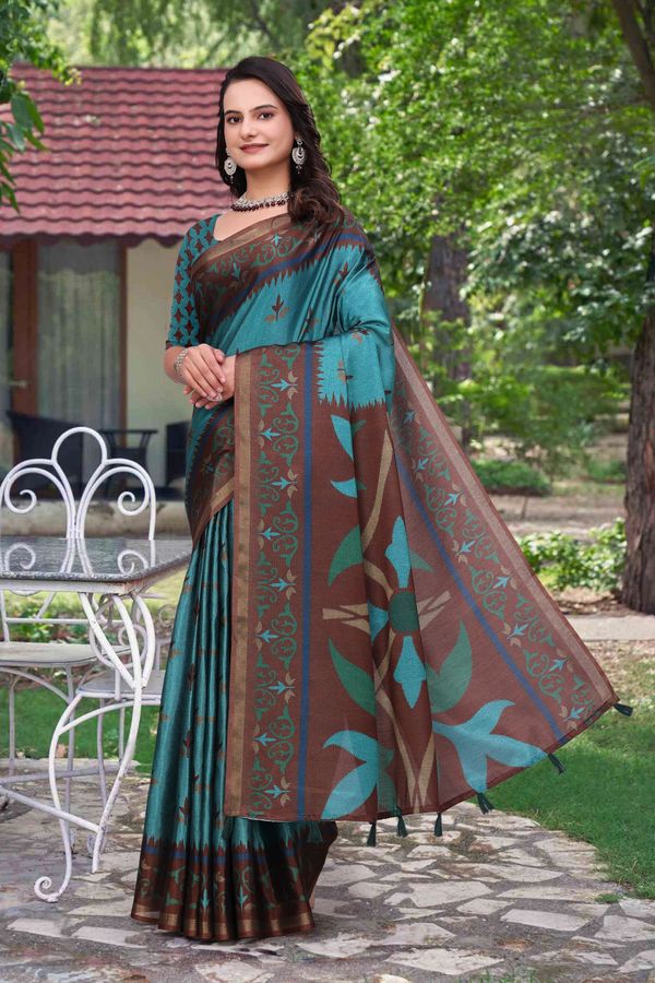 Teal Blue Modal Cotton Floral Woven Saree with Brown Border