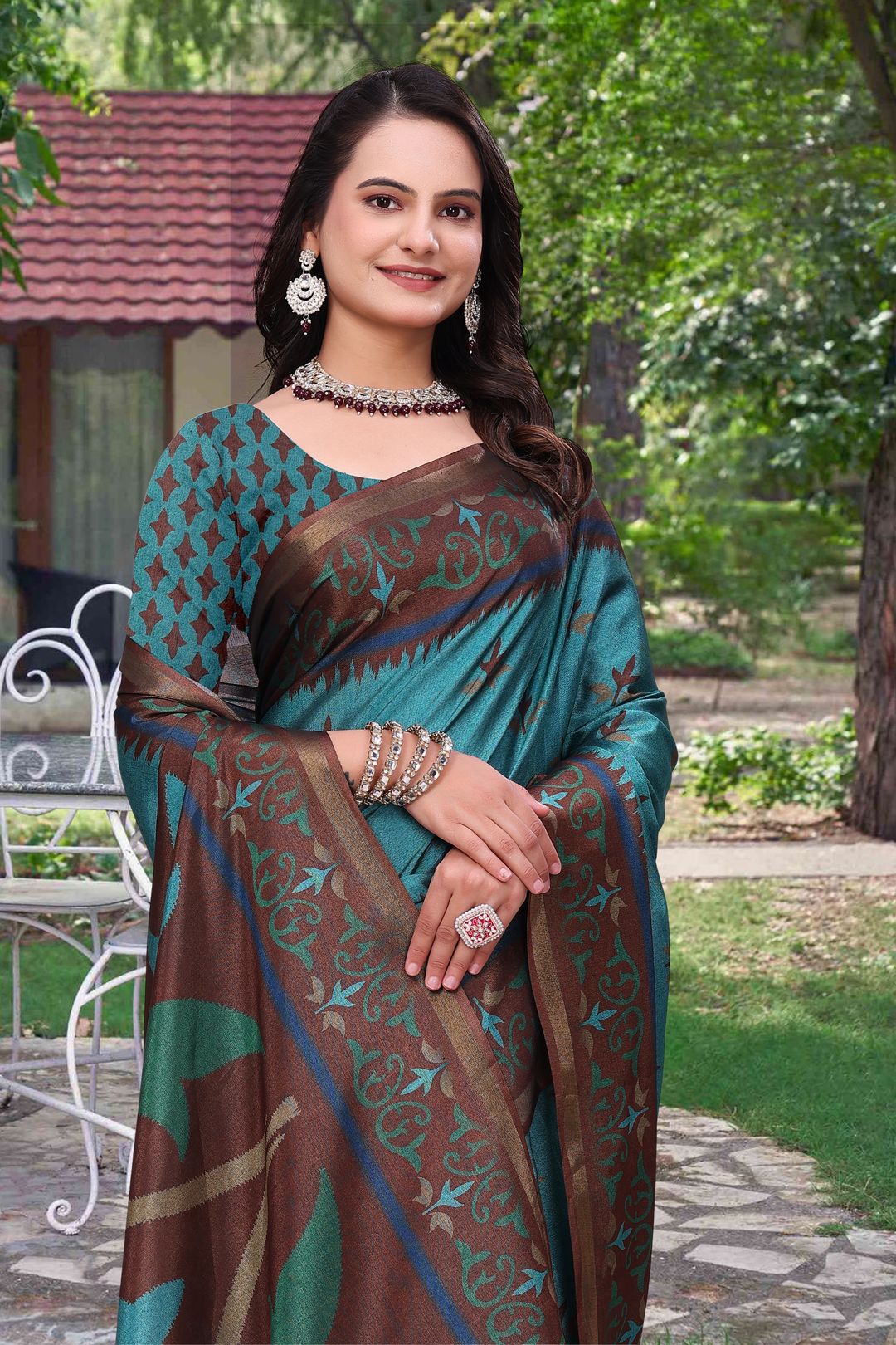 Teal Blue Modal Cotton Floral Woven Saree with Brown Border