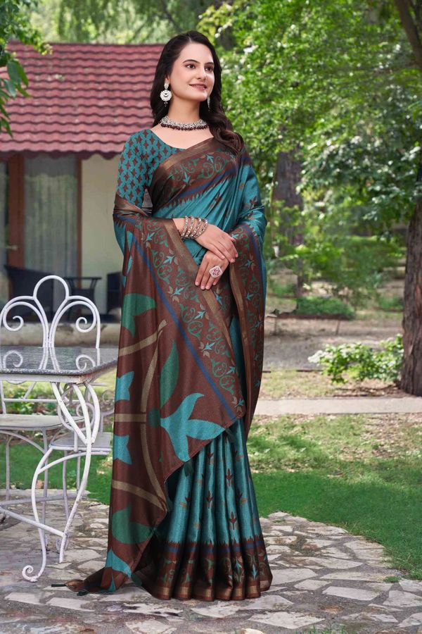 Teal Blue Modal Cotton Floral Woven Saree with Brown Border