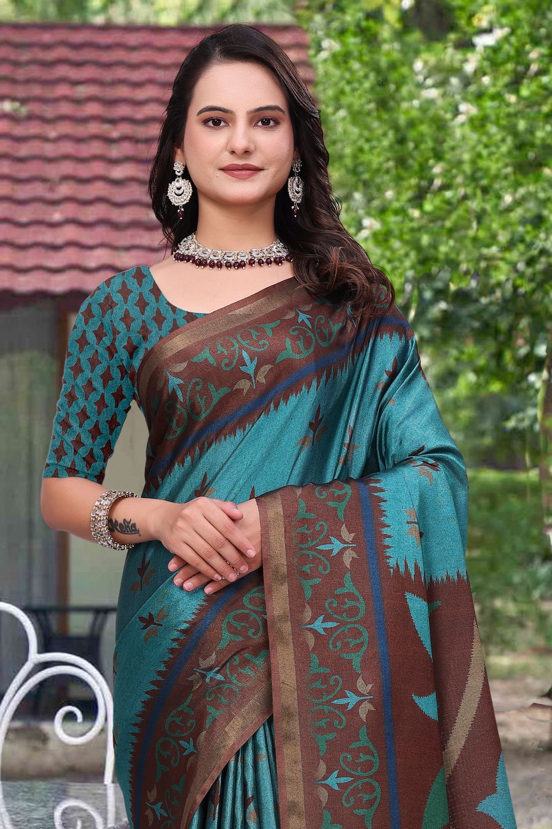 Teal Blue Modal Cotton Floral Woven Saree with Brown Border