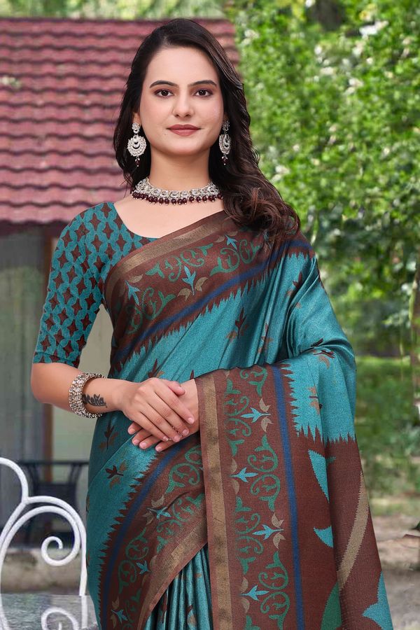 Teal Blue Modal Cotton Floral Woven Saree with Brown Border
