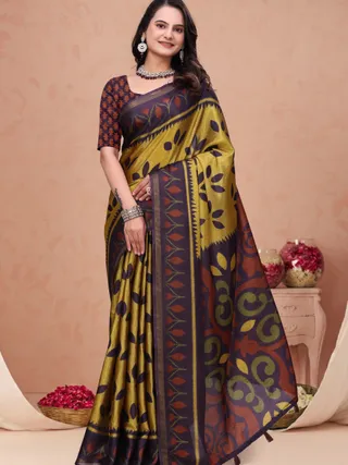 Mustard Purple Mal Cotton Printed Saree with Designer Pallu