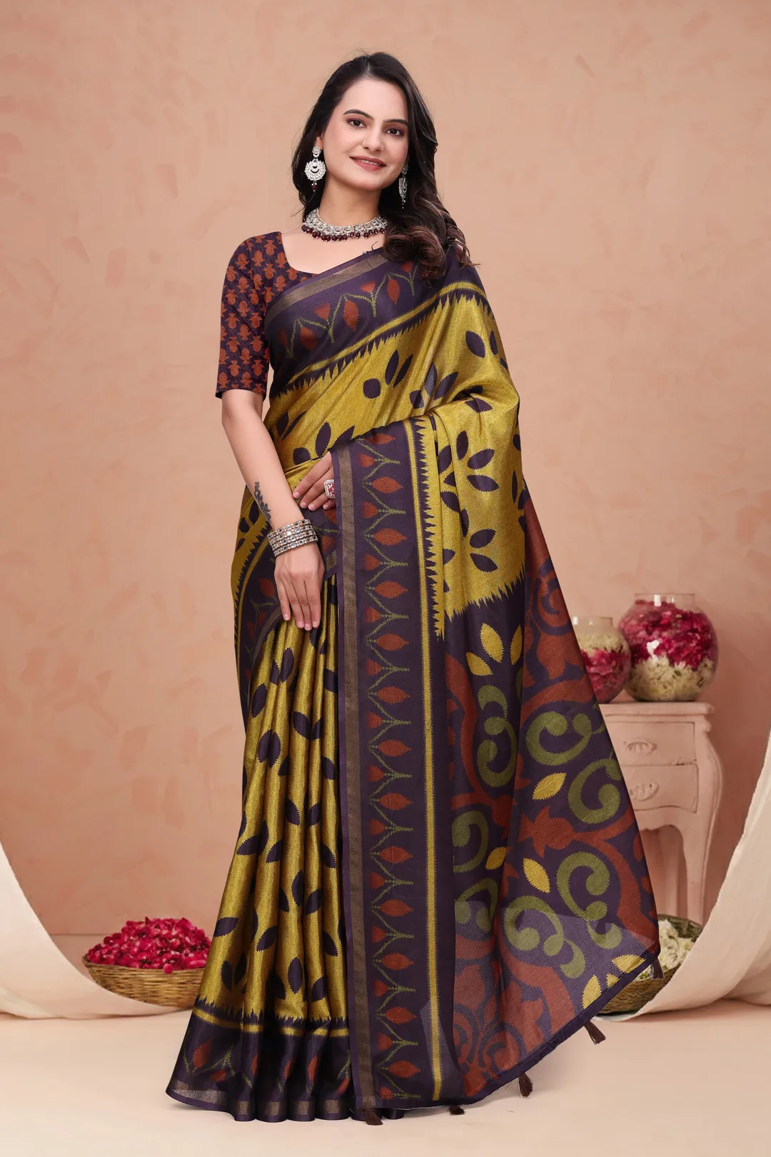 Mustard Purple Mal Cotton Printed Saree with Designer Pallu