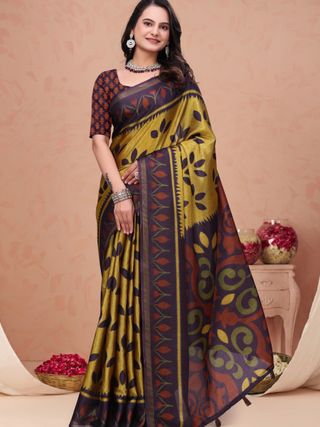Mustard Purple Mal Cotton Printed Saree with Designer Pallu